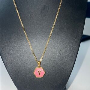 Gold Tone Pink Hexagon Initial Y Pendant Necklace